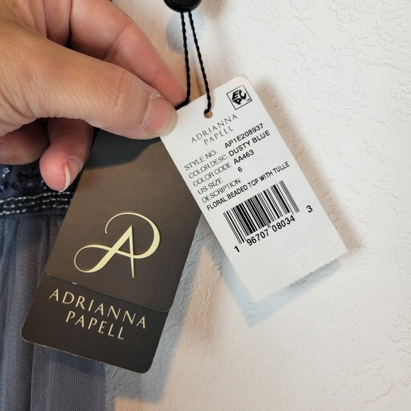 NWT Adrianna Papell Floral Beaded Top w/Tulle Chiffon Gown in Dusty Blue Size 6 - Picture 10 of 15